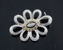 A white gold and two colour diamond brooch, of oval flowerhead form, the central marquise cut