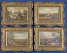 After Henry Alkenset of four overpainted prints,Hunting scenes,monogrammed D.W.6.5 x 10in.