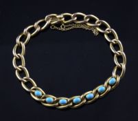 A 15ct gold and turquoise set chain link bracelet, gross 26 grams.