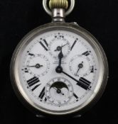 A 20th century Swiss Allbet silver calendar moonphase pocket watch, with scroll engraved case and