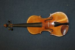 A 19th century violin, with two piece back, 14.25 inch, together with a mid 20th century varnished