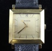 A gentleman`s 1960`s 18ct gold Boucheron manual wind dress wrist watch, with square dial and baton