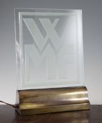 A 20th century glass and brass WMF shop display sign, 14.5in.