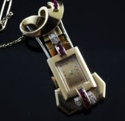 A lady`s 1940`s 18ct gold, ruby and diamond dress fob watch, with rectangular dial and set with