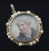 A Victorian gold and split pearl mounted locket with inset watercolour bust of Lady Harding, 1.5in.