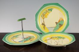 A Clarice Cliff three piece Secrets pattern sandwich set, comprising an octagonal stand and a