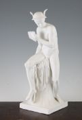 A Bing & Grondahl biscuit porcelain figure of Mercury, seated upon a plinth, holding pan pipes in