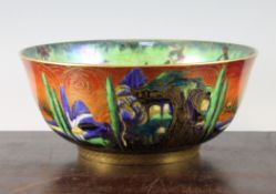 A Wedgwood flame Fairyland Lustre `Elves and Bell Branch` Imperial bowl, designed by Daisy Makeig-