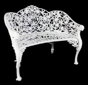 A rare Coalbrookdale passion flower pattern cast iron seat, the back pierced and cast with scrolling