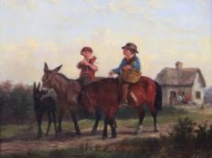 19th century English Schooloil on wooden panel,Boys riding a pony and donkey on a lane,9 x 11in.