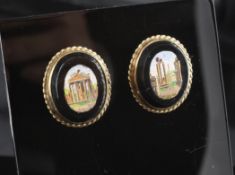 A pair of 9ct gold mounted micro mosaic earrings, of oval form, with rope twist border, decorated