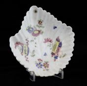A Bow leaf shaped pickle dish, c.1752-55, painted in enamel colours with Chinese style flowers,
