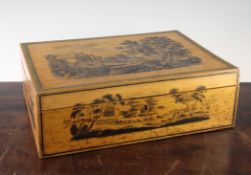An early 19th century painted sycamore sewing box, the exterior decorated with landscapes with