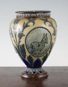 Hannah and Florence Barlow. A Doulton Lambeth ovoid vase, dated 1884, with green enamelled oval