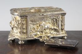 A Continental silver and enamel cigarette case, (damaged), together with a silver plated casket,