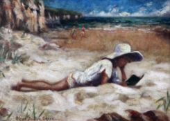 Olive Dutton Green (1878-1930)oil on canvas,Sunbather reading on the beach,signed,10 x 14in.