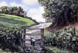 Jonathan Pike (b.1949)watercolour,Stile and field,signed,8 x 12in.