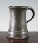 A Georgian pewter quart tankard, with fleur de lys and GR touch mark, also marked Quart, with single