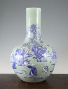 A Chinese blue and white decorated celadon glazed bottle vase, decorated with three immortals with