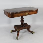 A Regency brass inset rosewood card table, with folding top and saltire understage, 3ft
