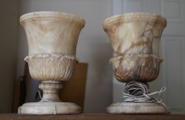 A pair of alabaster lamps, modelled as campana shaped urns with stiff leaf decoration and circular