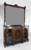 A late Victorian ebonised and amboyna mirror back side cabinet, with parcel gilt fluted pillars