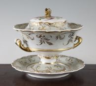 An H & R Daniel sauce tureen, cover and stand decorated with flowers and butterflies, 9in.