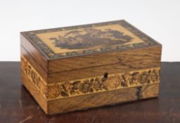 A Victorian Tunbridgeware rectangular jewellery box, the lid decorated with an image of the young