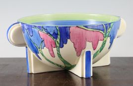 A Clarice Cliff Rudyard pattern bowl, of Stamford shape, with a cross shaped foot, printed Bizarre