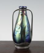 A small Art Nouveau Zsolnay iridescent pottery vase, with pewter mounts, possibly Osiris,