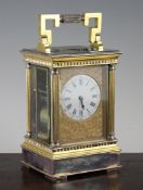 An early 20th century silvered and gilt brass hour repeating grand sonnerie carriage clock, with