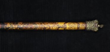 A large George IV polychrome painted tip staff, with coronet finial and brass ferule inscribed, `