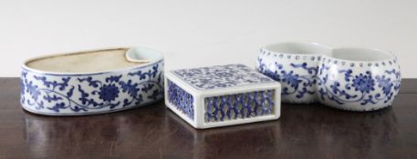 A Chinese blue and white three piece scholar`s calligraphy set, Jiaqing seal mark but later, each