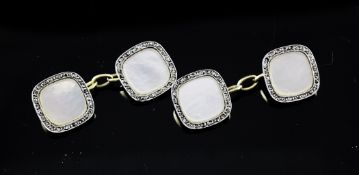 A pair of 18ct gold, platinum, diamond and mother of pearl set cufflinks, of square form with