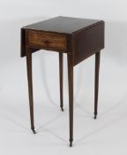 A George III mahogany and satinwood crossbanded drop leaf table, with single drawer, tapered legs