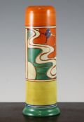 A Clarice Cliff Sunrise Orange pattern cylindrical spill vase, shape no.129, printed Fantasque and
