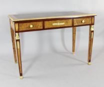 An Empire style three drawer side table, the tapering legs with female mask capitals, W.4ft 11in.