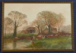 Henry Charles Fox (1855-1929)watercolour,Cattle watering,signed and dated 1910,15 x 22in.