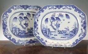 A pair of Chinese blue and white canted rectangular meat plates, Qianlong period, each painted to