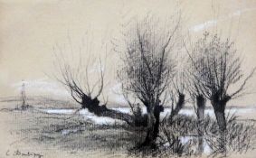 Charles-François Daubigny (1817-1878)charcoal and chalk,Willow trees beside a river,signed,4.25 x