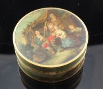 An early 19th century continental gold mounted papier mache and tortoiseshell lined circular snuff