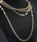 A 9ct gold belcher guard chain, with intermittent facetted ball links, 37.8 grams, 60in.