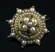 A Victorian style 9ct gold, emerald and cultured pearl set target brooch, 1.5in.