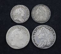 A Charles I shilling and sixpence and a George II shilling and sixpence, the 1723 shilling with
