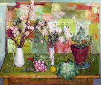 § André Vignoles (b.1920)oil on canvas,`Fleurs et Leitue`signed and dated `57,32 x 39.5in.
