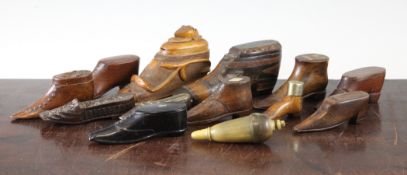 A 19th century Dutch specimen wood snuff shoe, together with ten other snuff shoes and two other