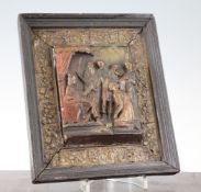 A 17th century Flemish carved and painted alabaster plaque, depicting the Judgment of Soloman,