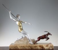 An Art Deco patinated figure group of Diana the Huntress hunting a gazelle, on brown onyx