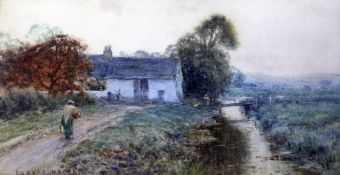 Parker Hagarty (1859-1934)watercolour,Figures and cottage in a moorland landscape,signed,7.5 x 14.