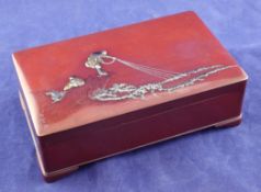 A 1920`s Japanese gold and silver inlaid patinated copper cigarette box, retailed by Alfred Dunhill,